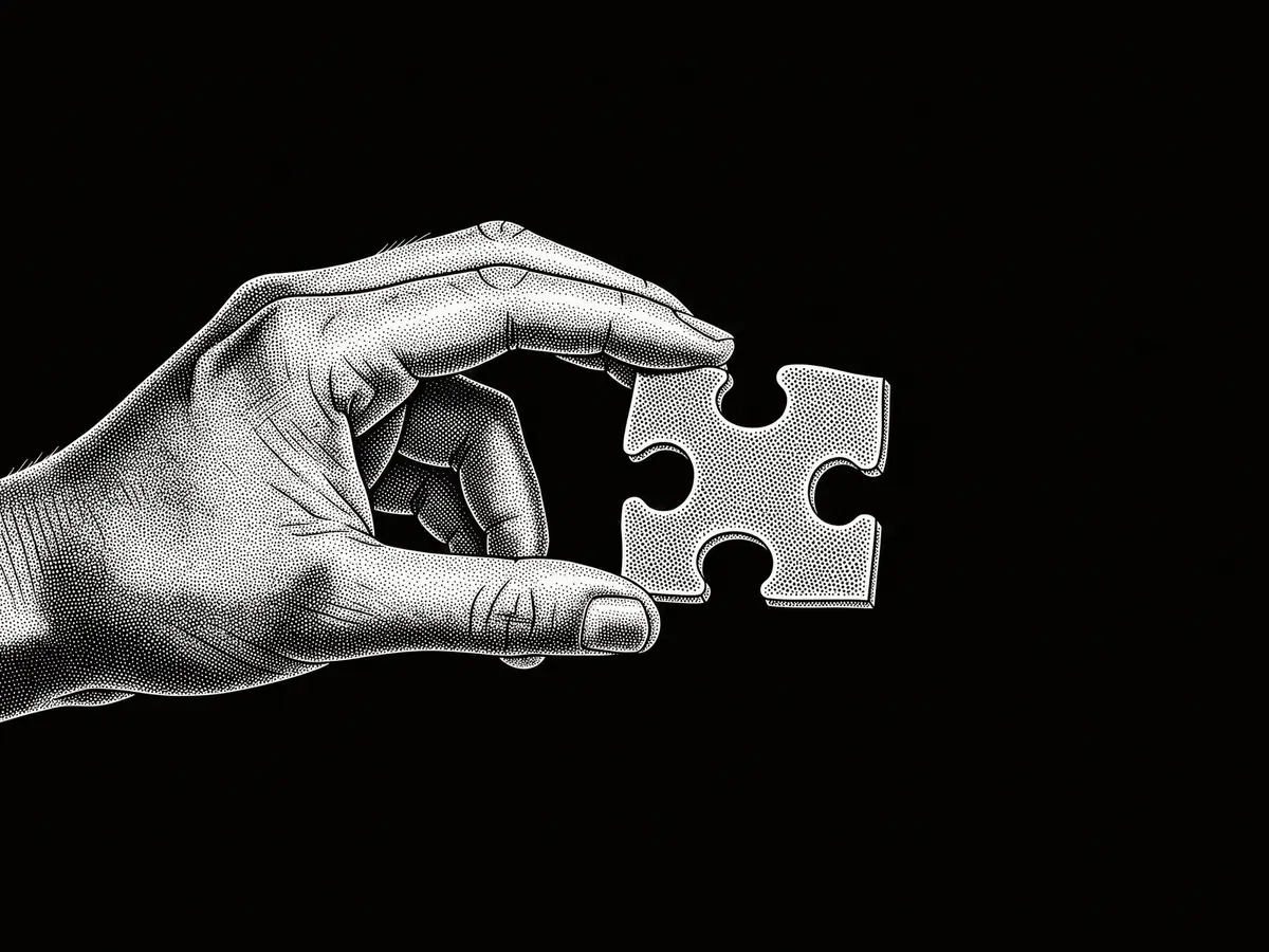 A stippled hand holding out a single piece between two fingers