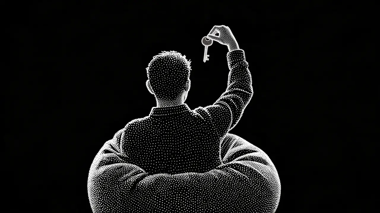 A person seen from behind in an armchair, holding up a small key