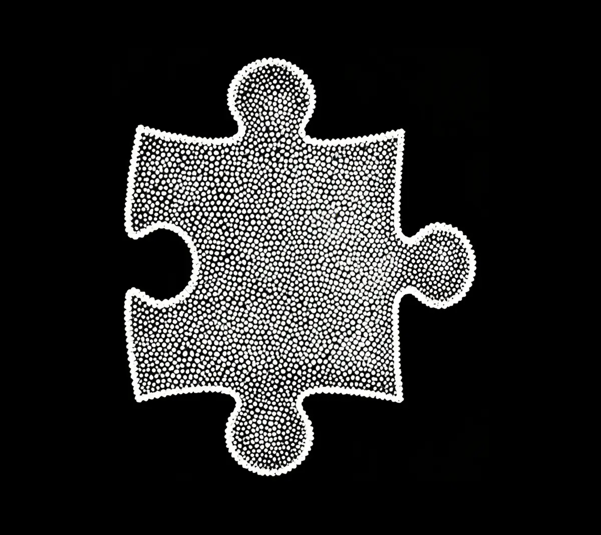 A single stippled piece drawn in white dots on black